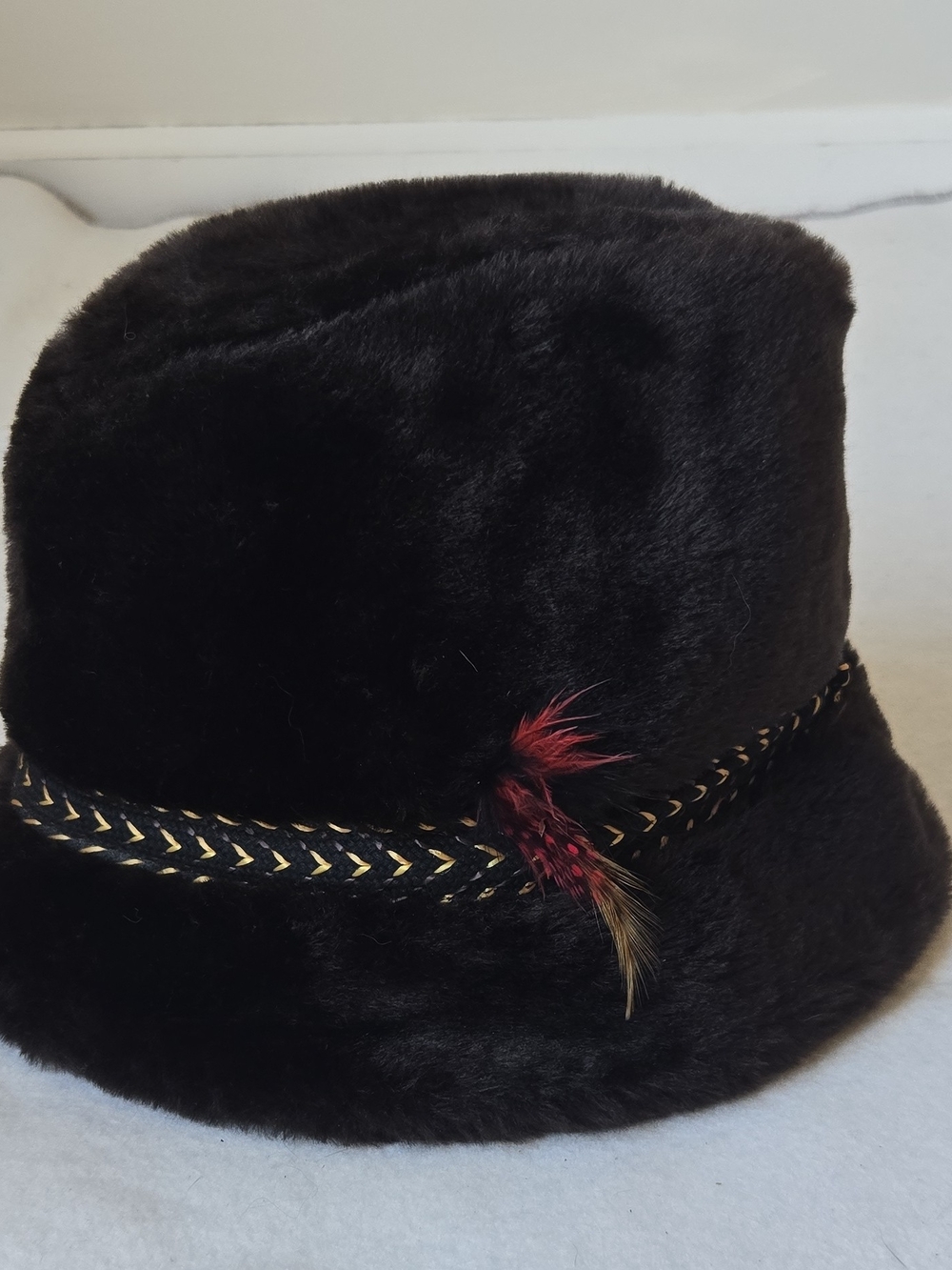 Black Faux Fur Bucket Hat with Feather Trim